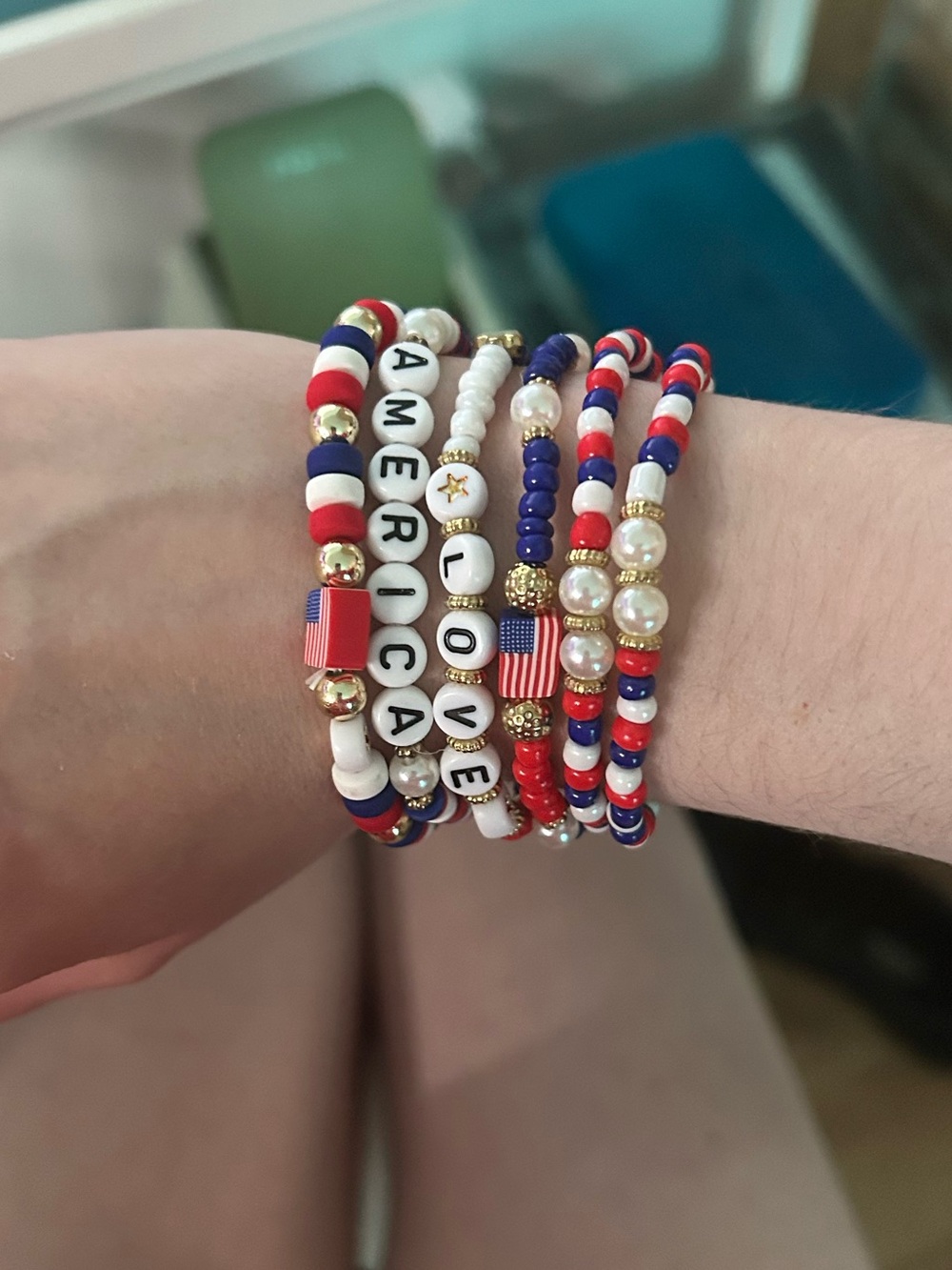 America Love Red White Blue Beaded Bracelet Stack